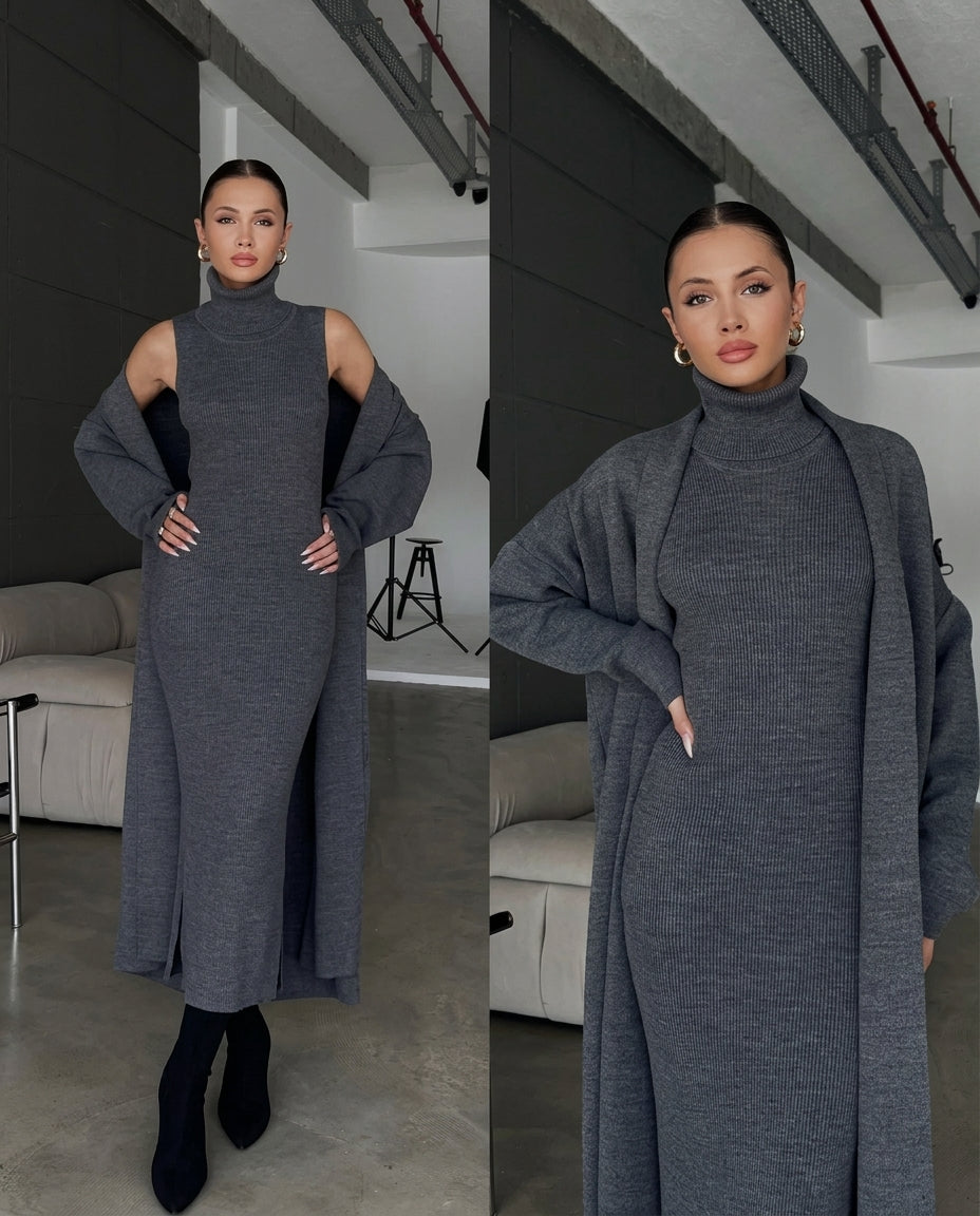 ❄️ Winter 2-Piece Co-ord Set | Long Shrug 🖤 & Turtleneck Knit Dress 🤍