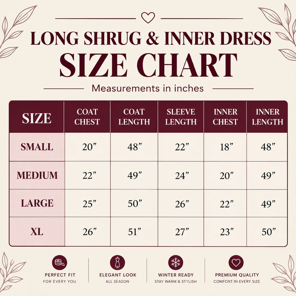 Size chart for ❄️ Winter 2-Piece Co-ord Set | Long Shrug 🖤 & Turtleneck Knit Dress 🤍