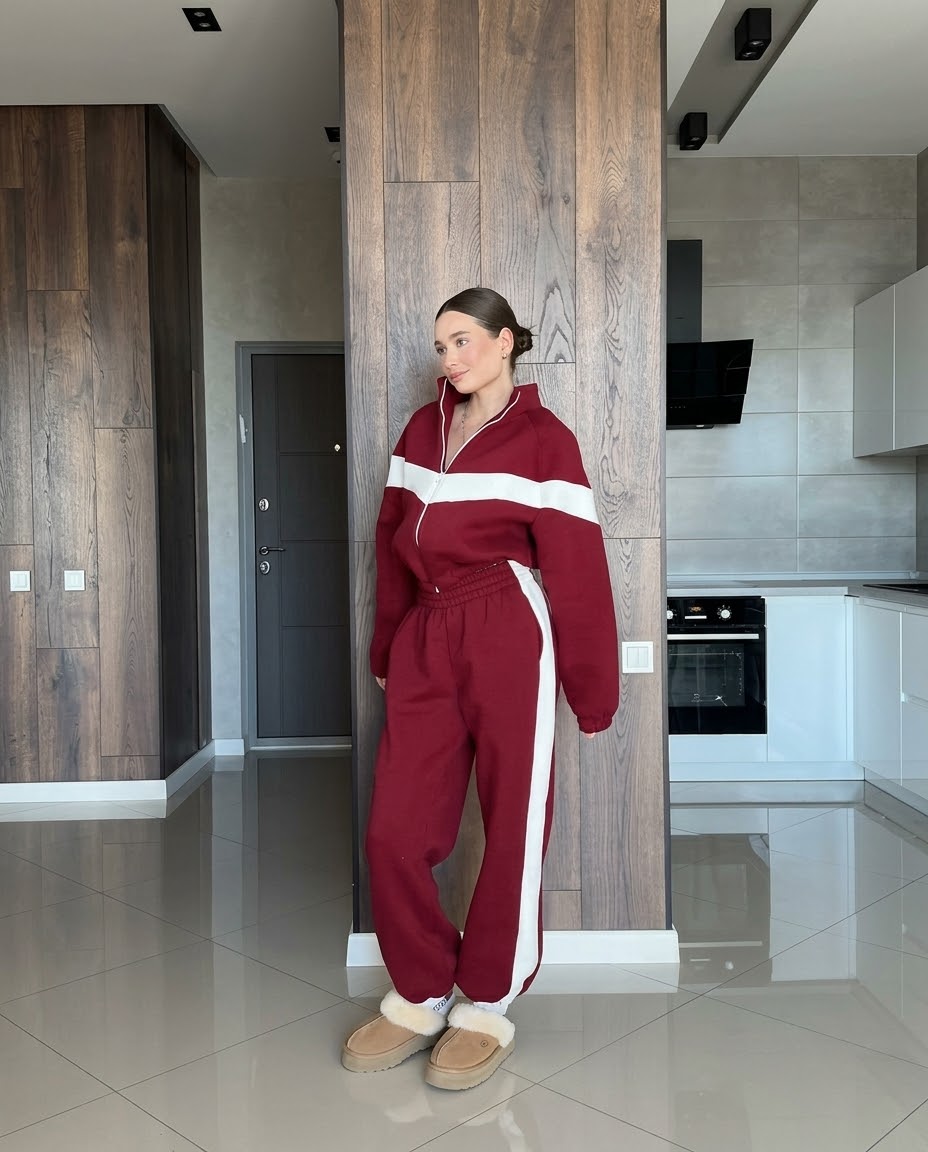 ✨ Women's Cropped Zip-Up Co-ord Set | Side Stripe Joggers & Fleece Sweatshirt 🤎