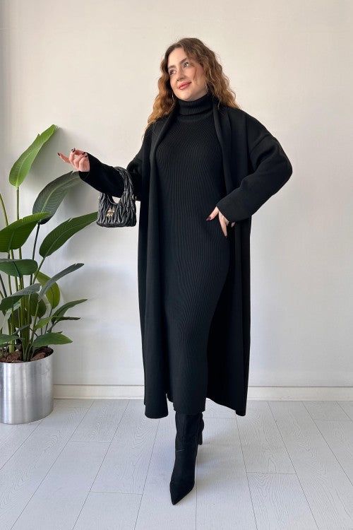 Long Shrug 🖤 & Turtleneck Knit Dress 🤍
