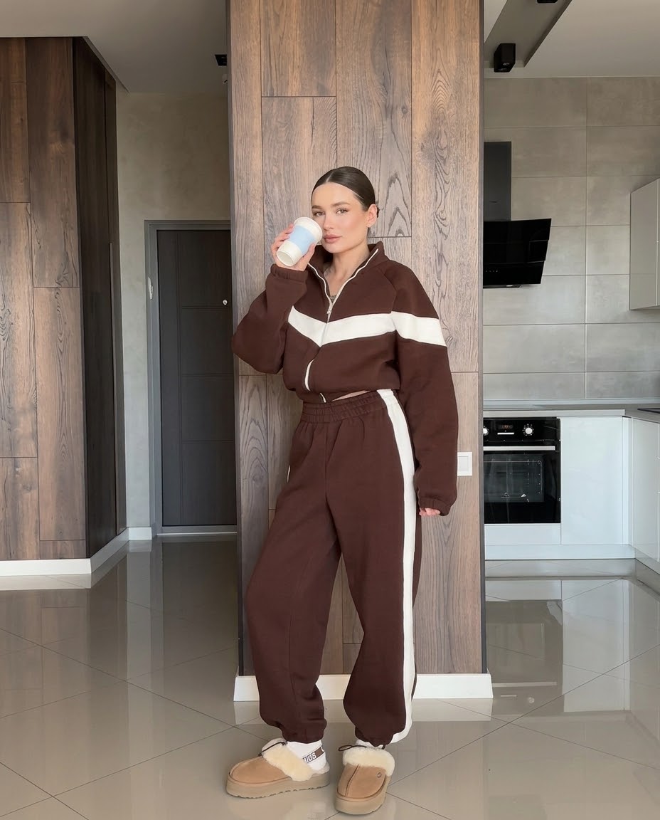 ✨ Women's Cropped Zip-Up Co-ord Set | Side Stripe Joggers & Fleece Sweatshirt 🤎