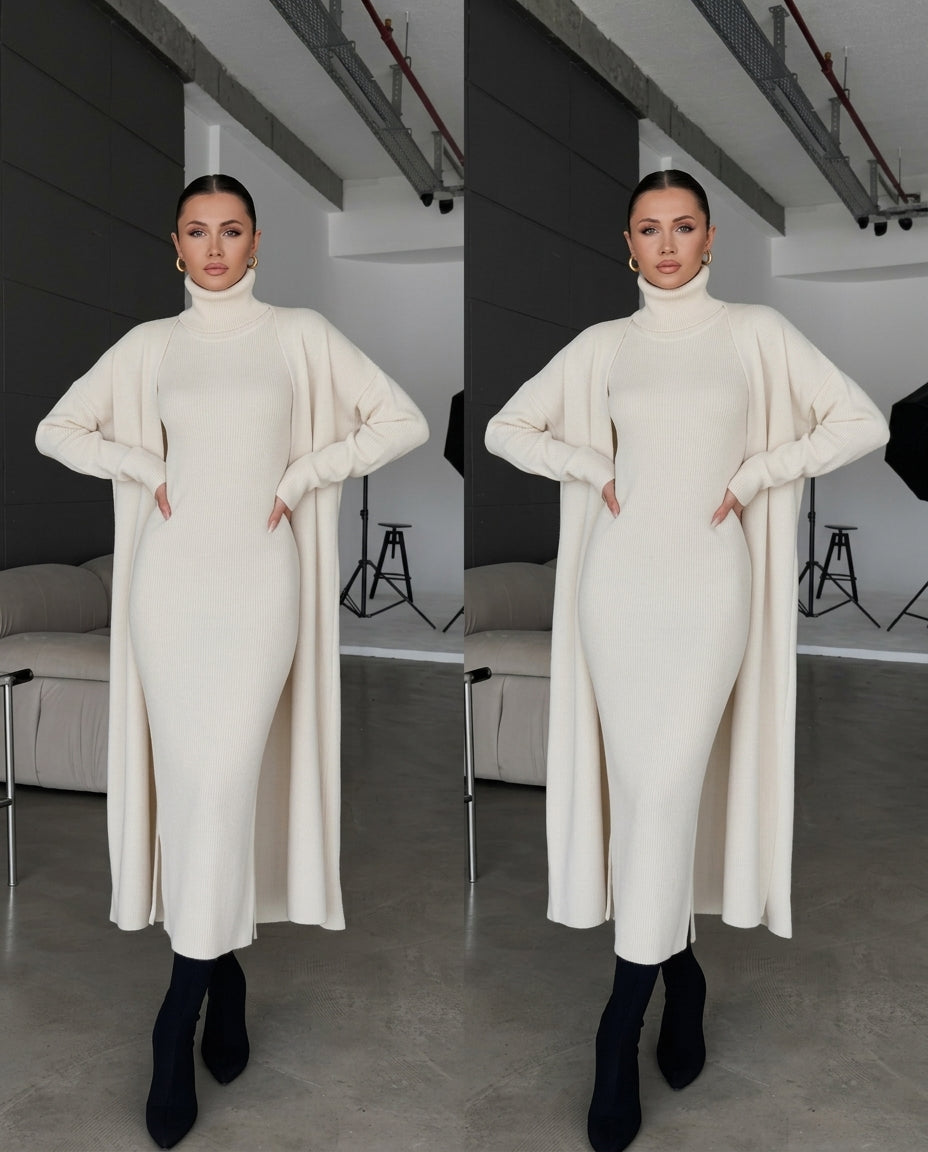 ❄️ Winter 2-Piece Co-ord Set | Long Shrug 🖤 & Turtleneck Knit Dress 🤍