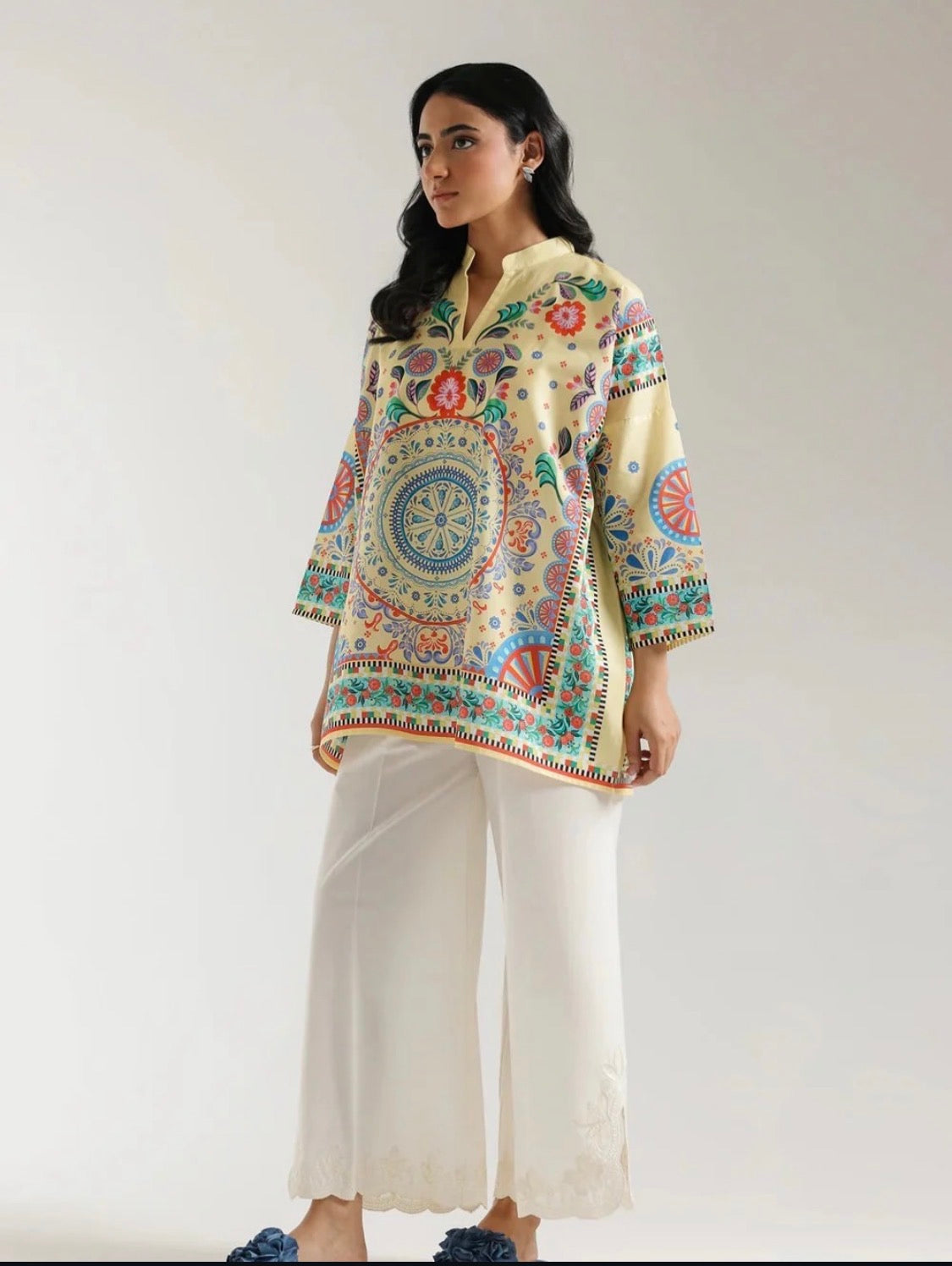 🌻 Designer Inspired Printed Kurti with Wide-Leg Palazzo – Modern Traditional Wear ✨🌿
