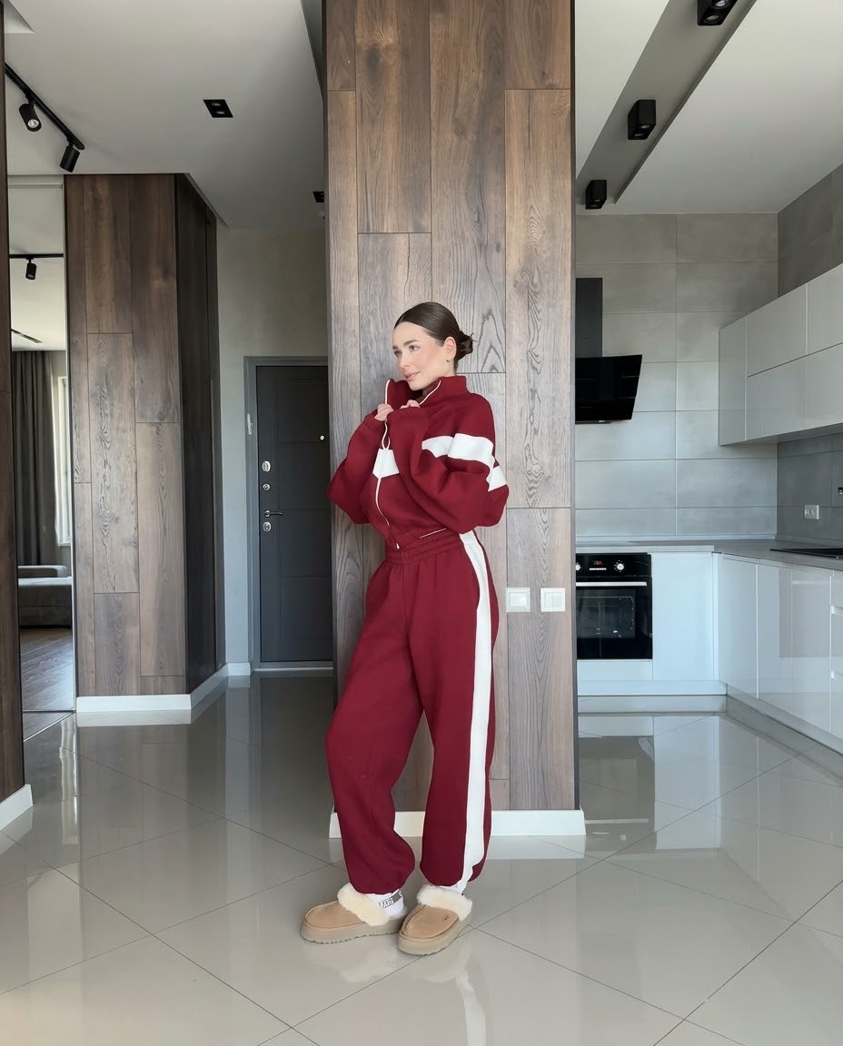 ✨ Women's Cropped Zip-Up Co-ord Set | Side Stripe Joggers & Fleece Sweatshirt 🤎