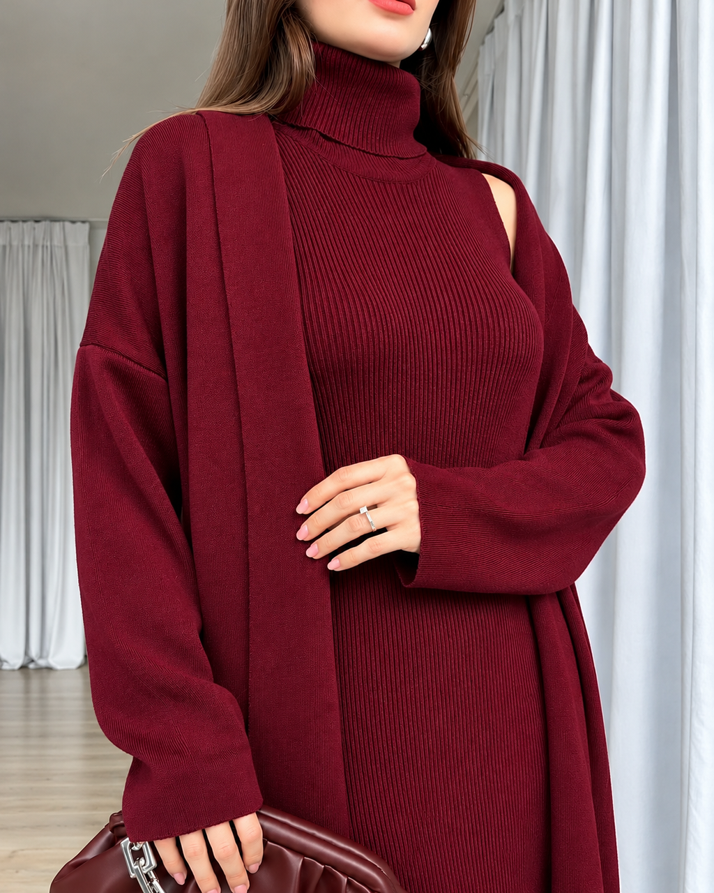❄️ Winter 2-Piece Co-ord Set | Long Shrug 🖤 & Turtleneck Knit Dress 🤍