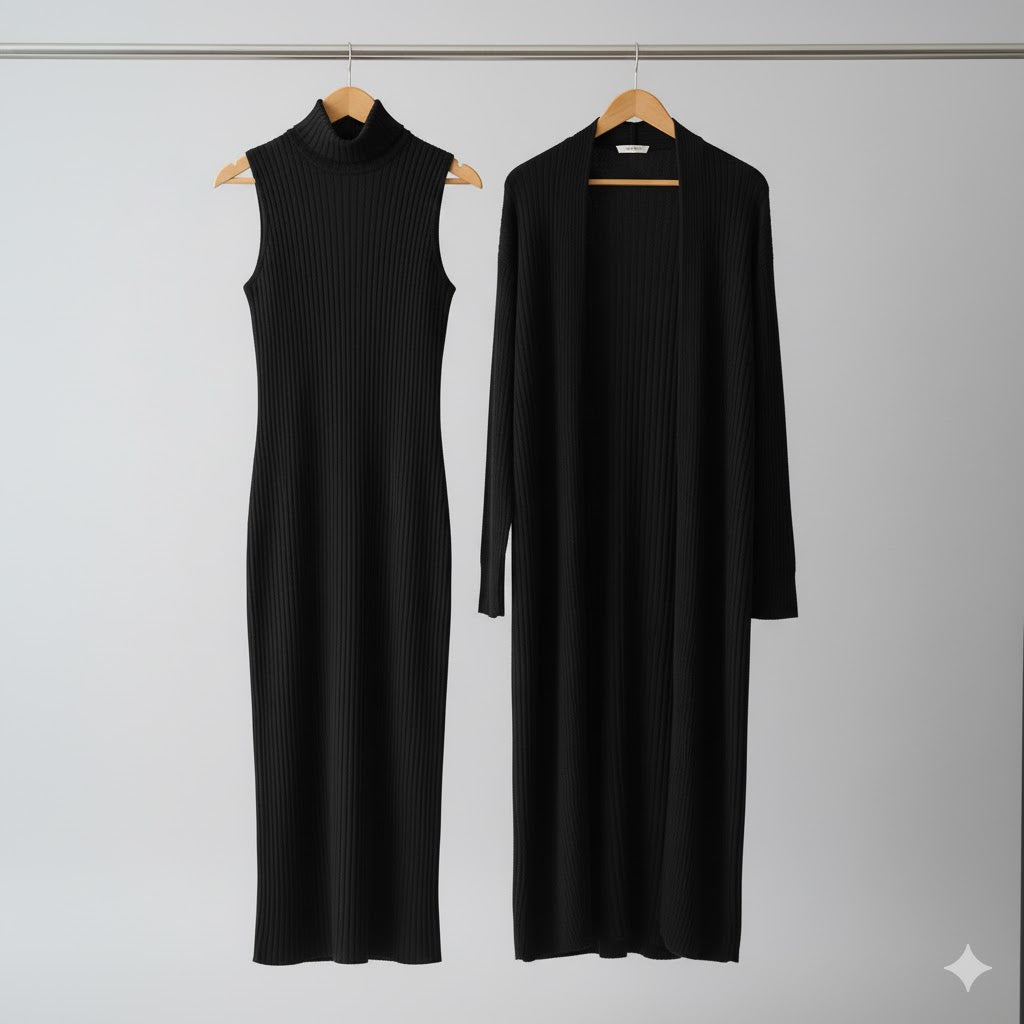 Long Shrug 🖤 & Turtleneck Knit Dress 🤍