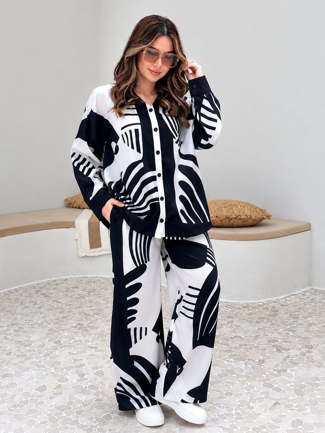 Women’s Black & White Printed Co-Ord Set | Premium Relaxed Fit