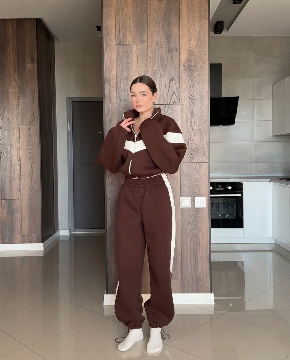 ✨ Women's Cropped Zip-Up Co-ord Set | Side Stripe Joggers & Fleece Sweatshirt 🤎