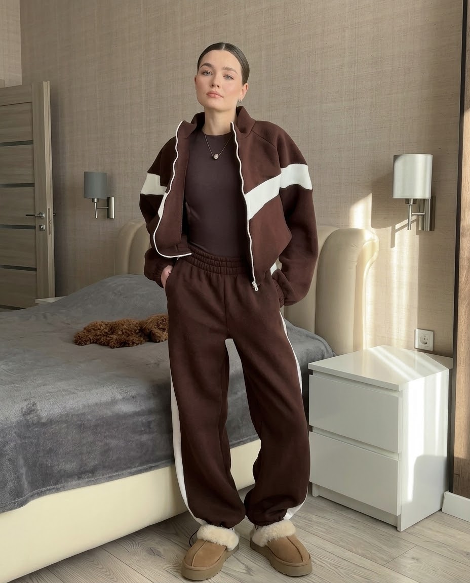 ✨ Women's Cropped Zip-Up Co-ord Set | Side Stripe Joggers & Fleece Sweatshirt 🤎