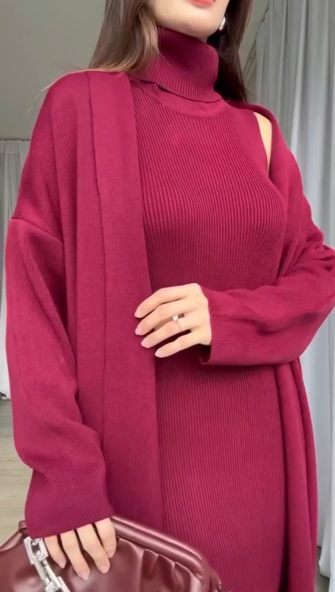 Long Shrug 🖤 & Turtleneck Knit Dress 🤍