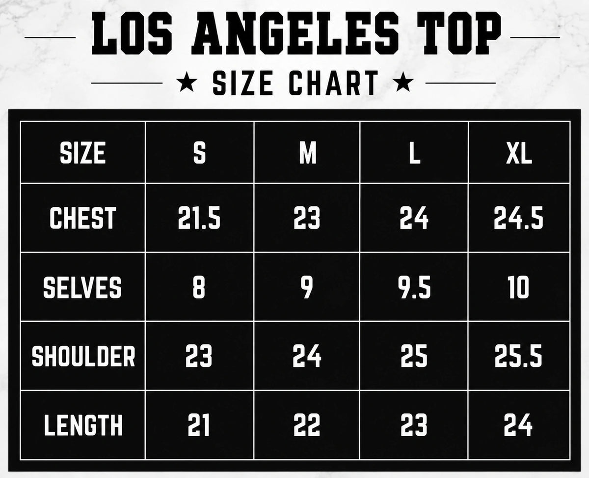Size chart for Los Angeles Cropped Tee ✨ Black & Pink Aesthetic Top