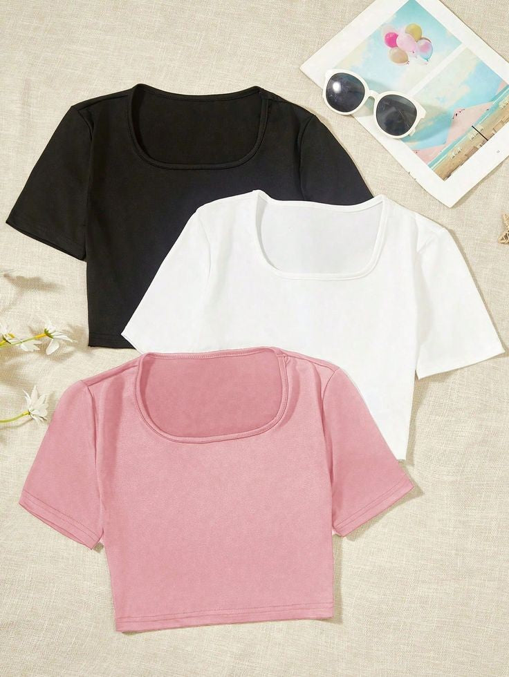 Chic and Classic: Square Neck Tees pack of 3 for Girls"