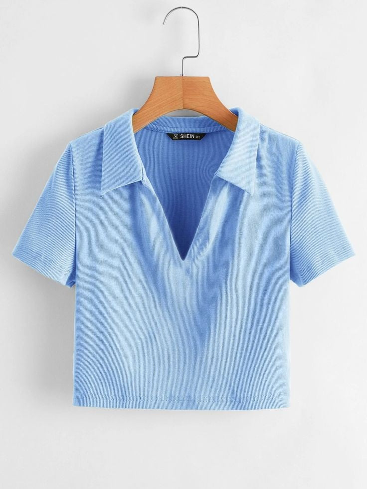 Chic Ribbed V-Neck Polo top best for summers : Elevate Your Style"