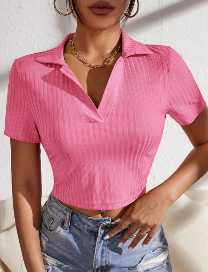 Chic Ribbed V-Neck Polo top best for summers : Elevate Your Style"