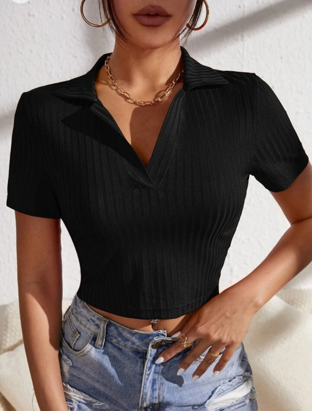 Chic Ribbed V-Neck Polo top for girls  best for summer : Elevate Your Style"