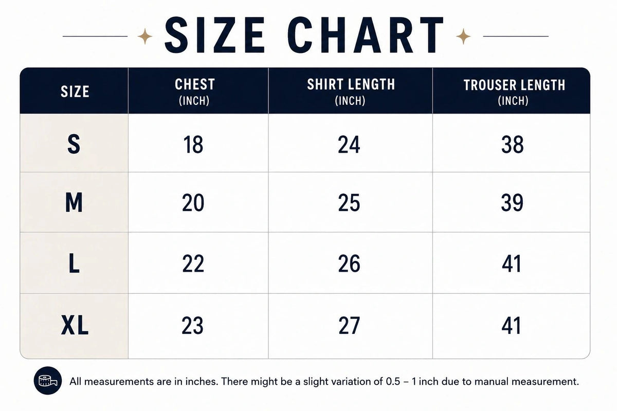 Size chart for Midnight Navy Premium Co-Ord Set 🔥